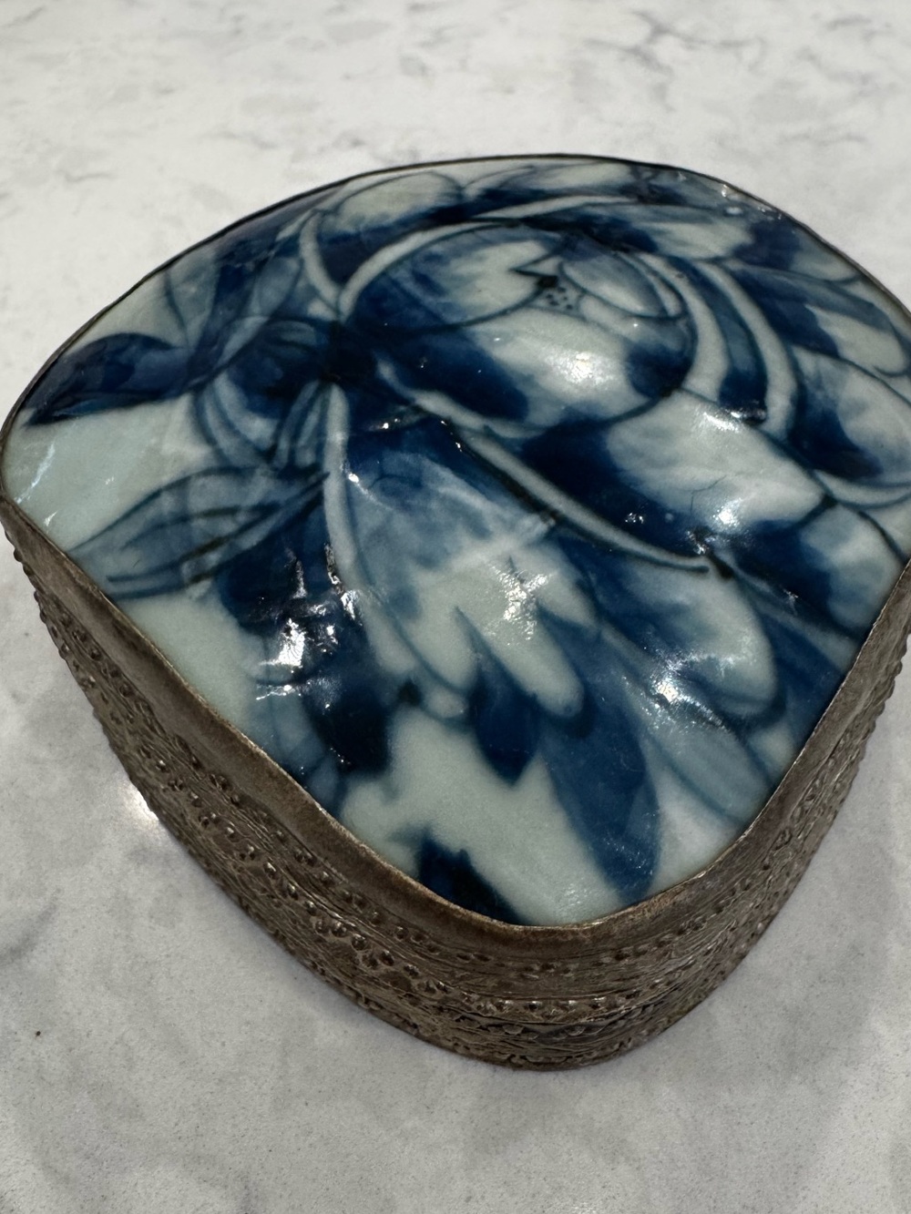 Vintage Blue White Porcelain Trinket Box Silver Tone Floral Lid